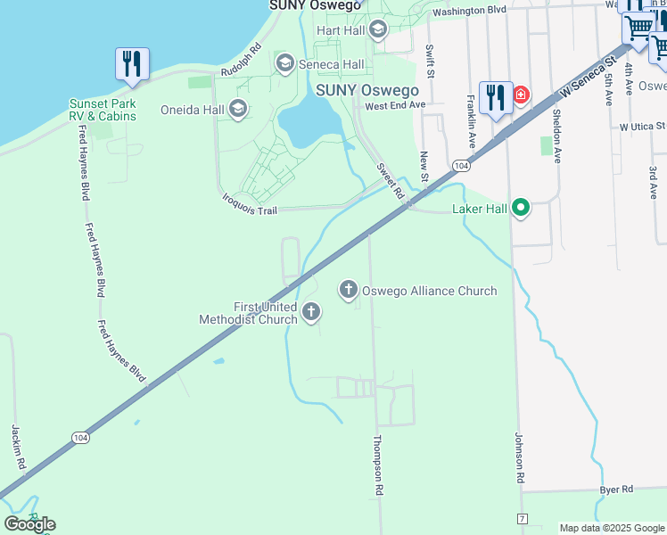 map of restaurants, bars, coffee shops, grocery stores, and more near 7097 New York 104 in Oswego