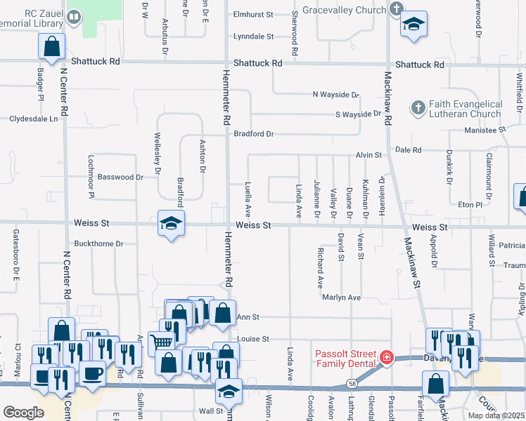 map of restaurants, bars, coffee shops, grocery stores, and more near 2551 Bruce Street in Saginaw