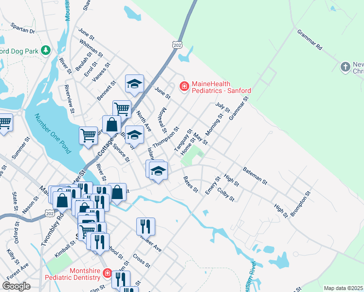 map of restaurants, bars, coffee shops, grocery stores, and more near 27B Sherburne Street in Sanford