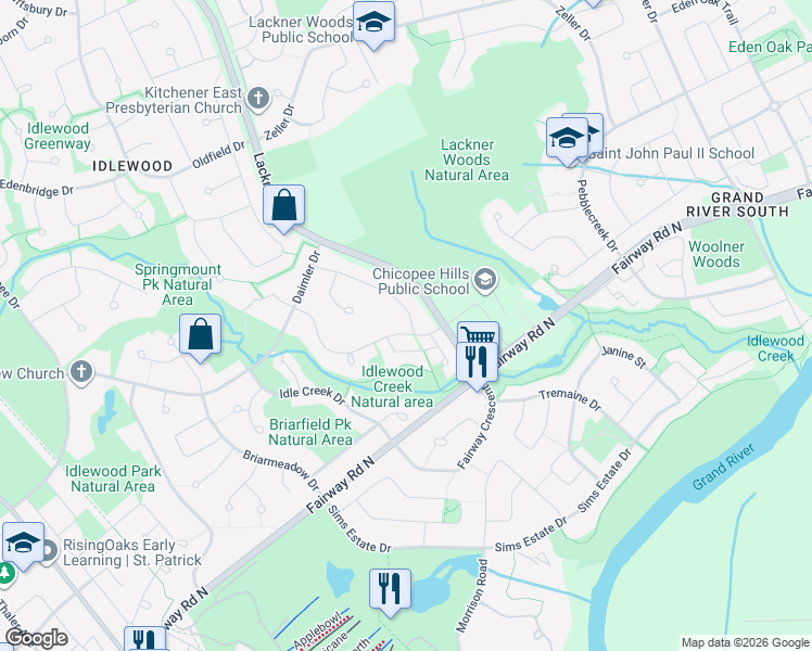 map of restaurants, bars, coffee shops, grocery stores, and more near 85 Rolling Acres Drive in Kitchener