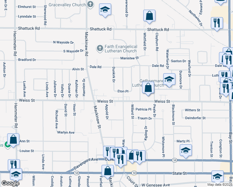 map of restaurants, bars, coffee shops, grocery stores, and more near 3797 Eton Place in Saginaw