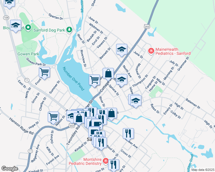 map of restaurants, bars, coffee shops, grocery stores, and more near 42 Spruce Street in Sanford