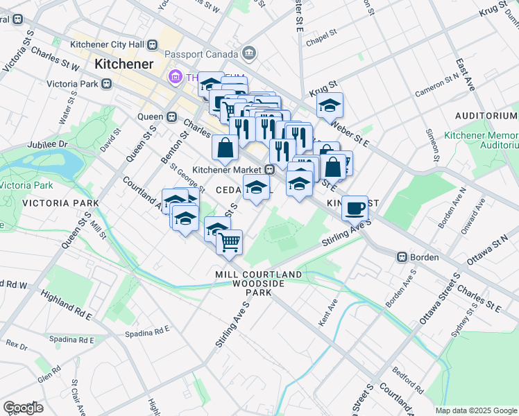 map of restaurants, bars, coffee shops, grocery stores, and more near 83 Madison Avenue South in Kitchener
