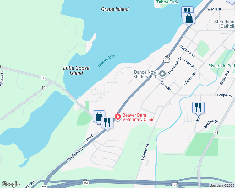 map of restaurants, bars, coffee shops, grocery stores, and more near 104 Lake Crest Drive in Beaver Dam
