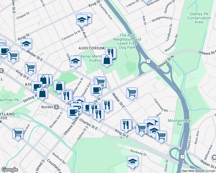 map of restaurants, bars, coffee shops, grocery stores, and more near 489 East Avenue in Kitchener