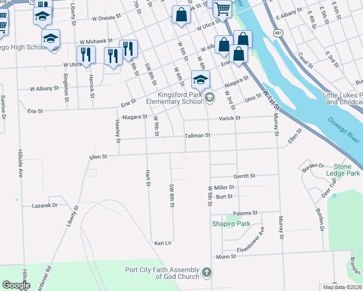 map of restaurants, bars, coffee shops, grocery stores, and more near 145 Ellen Street in Oswego