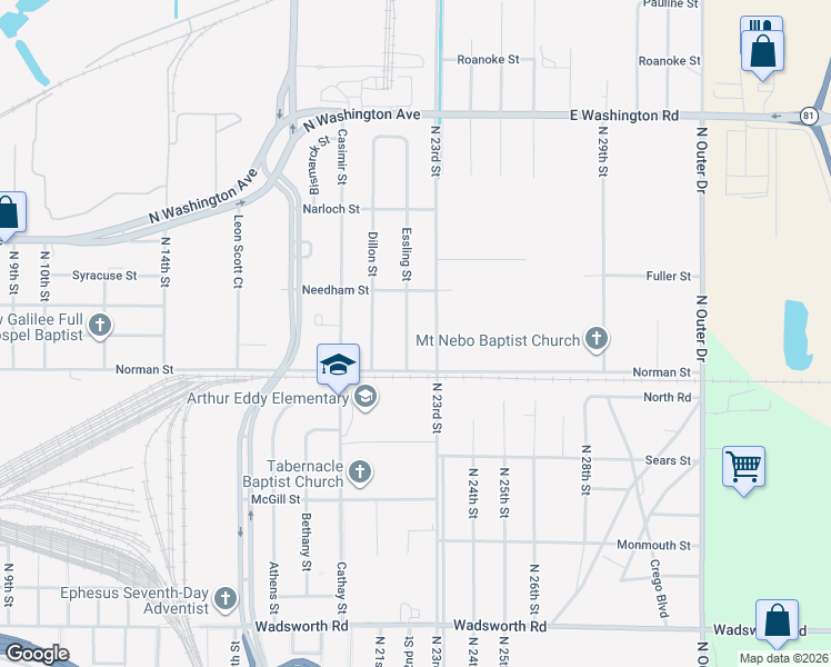 map of restaurants, bars, coffee shops, grocery stores, and more near 1131 North 23rd Street in Saginaw