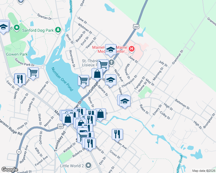 map of restaurants, bars, coffee shops, grocery stores, and more near 84 Brook St in Sanford