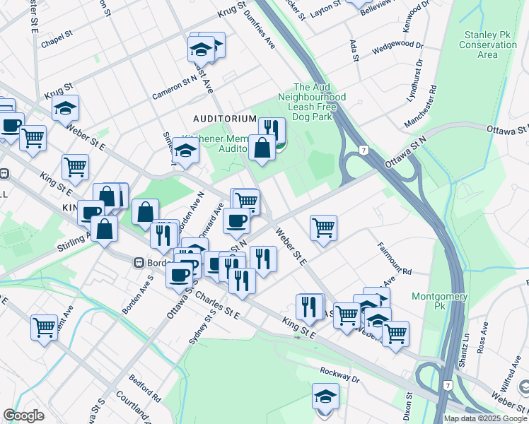 map of restaurants, bars, coffee shops, grocery stores, and more near 489 East Avenue in Kitchener