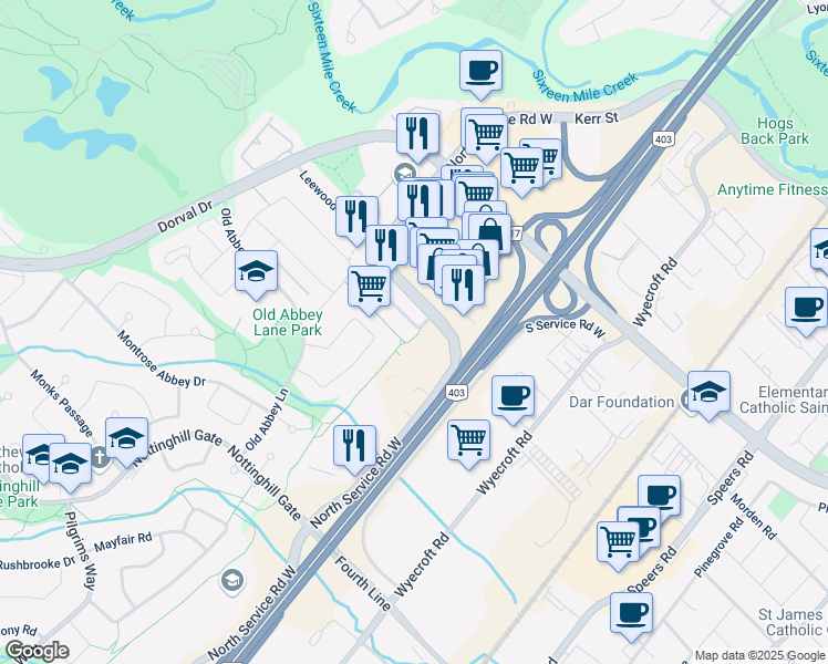 map of restaurants, bars, coffee shops, grocery stores, and more near 1040 Lindsay Drive in Oakville