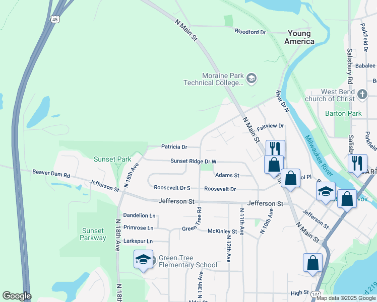 map of restaurants, bars, coffee shops, grocery stores, and more near 1319 Patricia Drive in West Bend