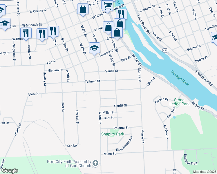 map of restaurants, bars, coffee shops, grocery stores, and more near 93 Ellen Street in Oswego