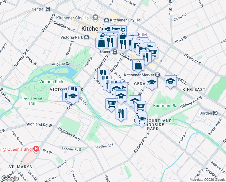 map of restaurants, bars, coffee shops, grocery stores, and more near 80 Courtland Avenue East in Kitchener