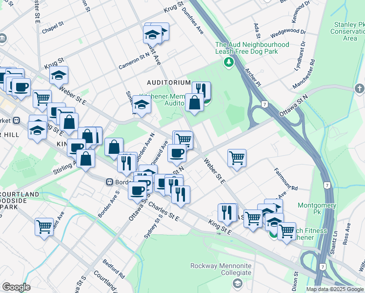 map of restaurants, bars, coffee shops, grocery stores, and more near 371 Weber Street East in Kitchener