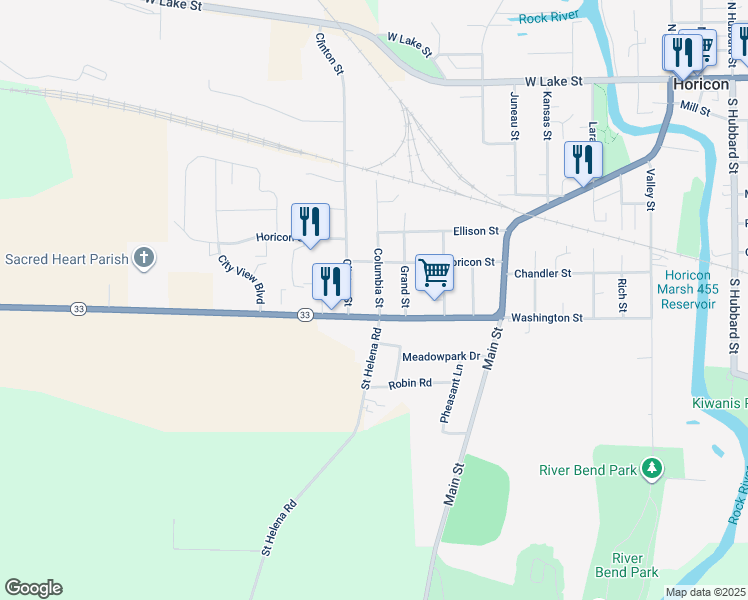 map of restaurants, bars, coffee shops, grocery stores, and more near 806 Columbia Street in Horicon