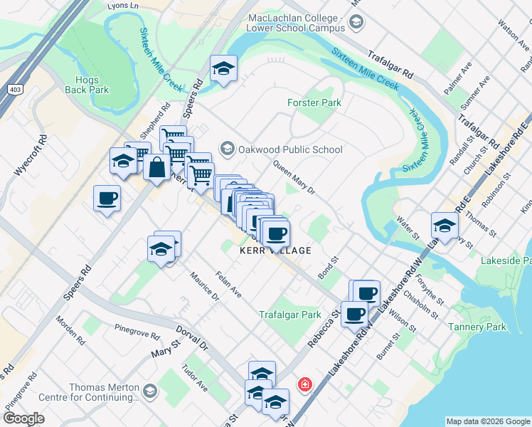 map of restaurants, bars, coffee shops, grocery stores, and more near 57 Florence Drive in Oakville