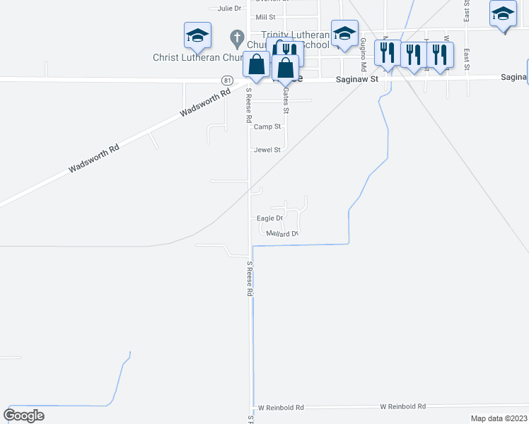 map of restaurants, bars, coffee shops, grocery stores, and more near 2201 South Reese Road in Reese