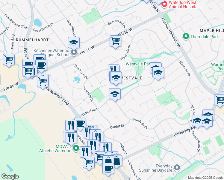 map of restaurants, bars, coffee shops, grocery stores, and more near 265 Westvale Drive in Waterloo