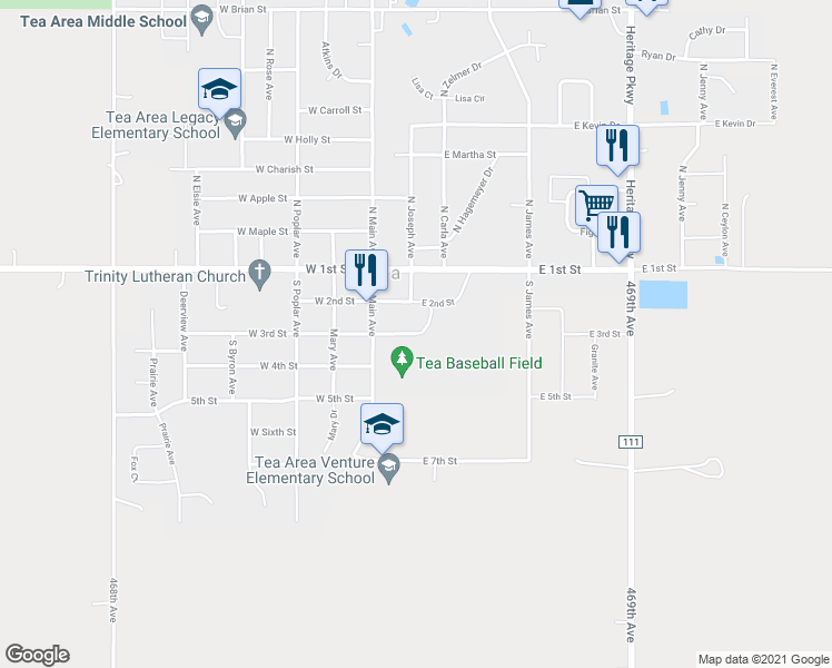 map of restaurants, bars, coffee shops, grocery stores, and more near East 3rd Street in Tea