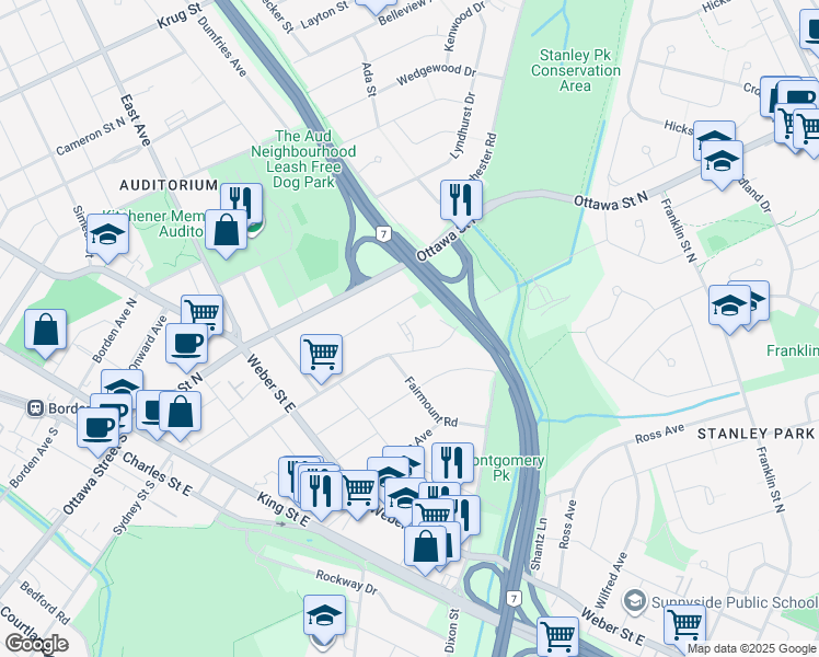 map of restaurants, bars, coffee shops, grocery stores, and more near 260 Sheldon Avenue North in Kitchener
