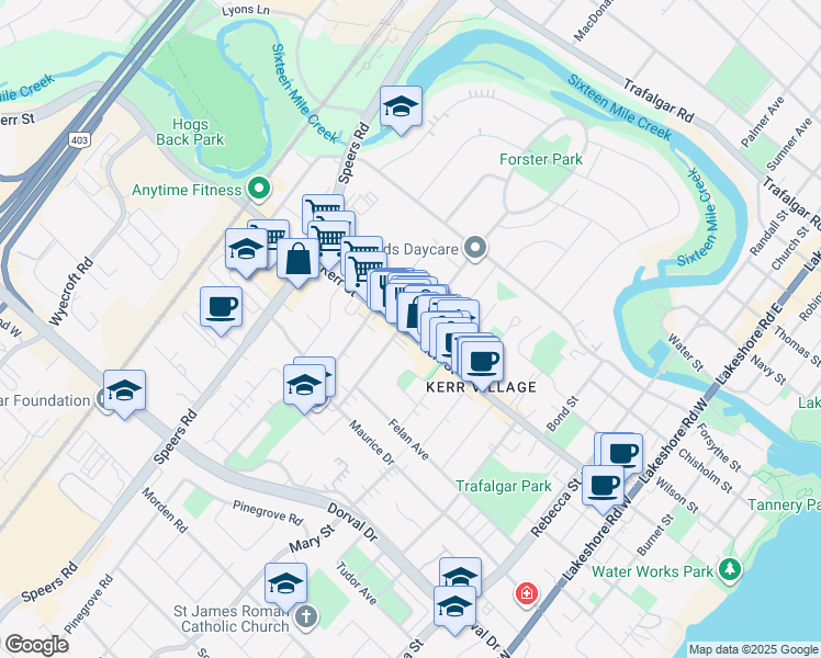 map of restaurants, bars, coffee shops, grocery stores, and more near 385 Kerr Street in Oakville