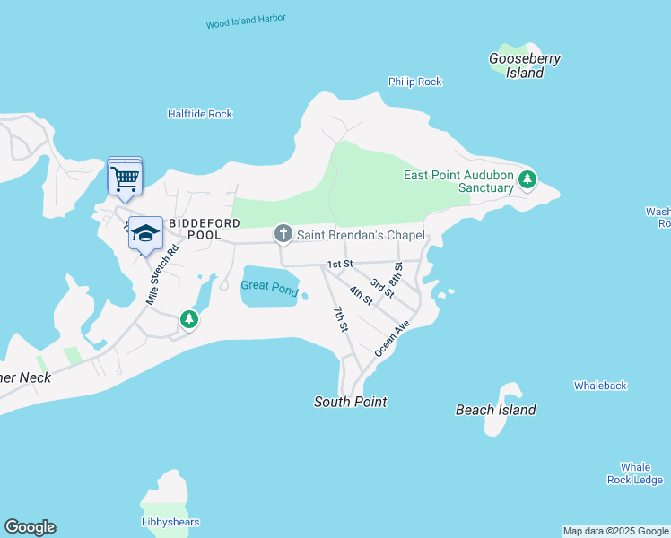 map of restaurants, bars, coffee shops, grocery stores, and more near 3 4th Street in Biddeford