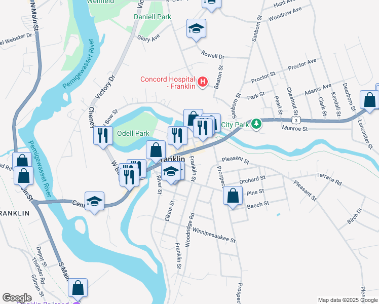 map of restaurants, bars, coffee shops, grocery stores, and more near 359 Central Street in Franklin