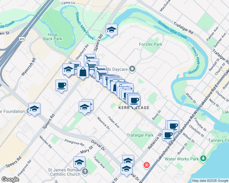 map of restaurants, bars, coffee shops, grocery stores, and more near 379B Kerr Street in Oakville