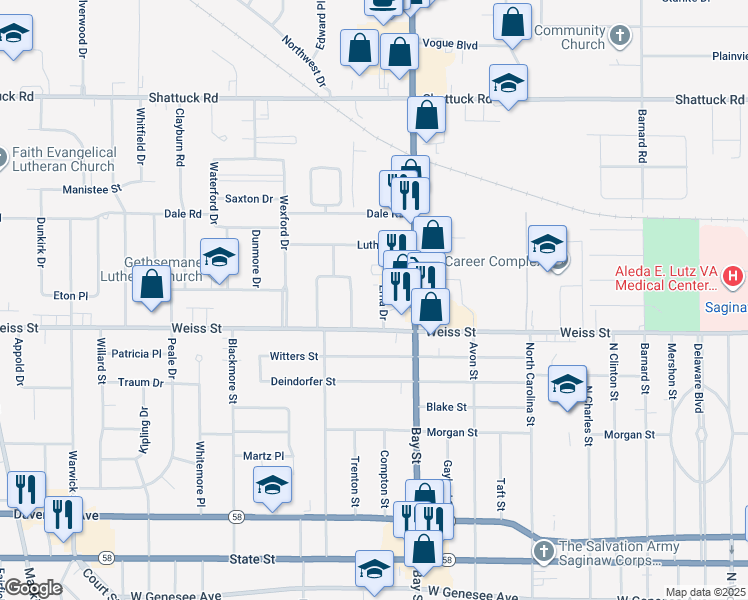 map of restaurants, bars, coffee shops, grocery stores, and more near 2732 East Dexter Drive in Saginaw