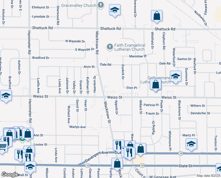 map of restaurants, bars, coffee shops, grocery stores, and more near 4322 Mackinaw Road in Saginaw
