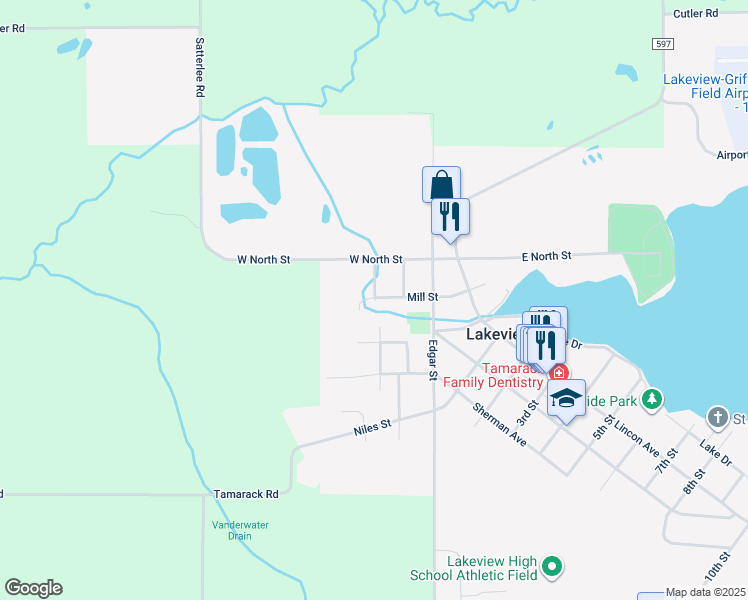 map of restaurants, bars, coffee shops, grocery stores, and more near 205 Mill Street in Lakeview