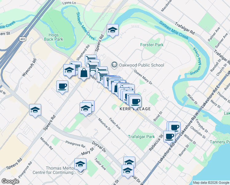 map of restaurants, bars, coffee shops, grocery stores, and more near 391 Kerr Street in Oakville