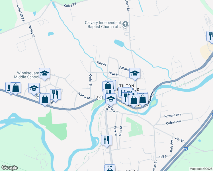 map of restaurants, bars, coffee shops, grocery stores, and more near 16 Chestnut Street in Tilton