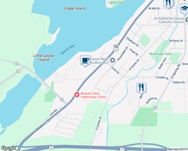 map of restaurants, bars, coffee shops, grocery stores, and more near 1017 Madison Street in Beaver Dam