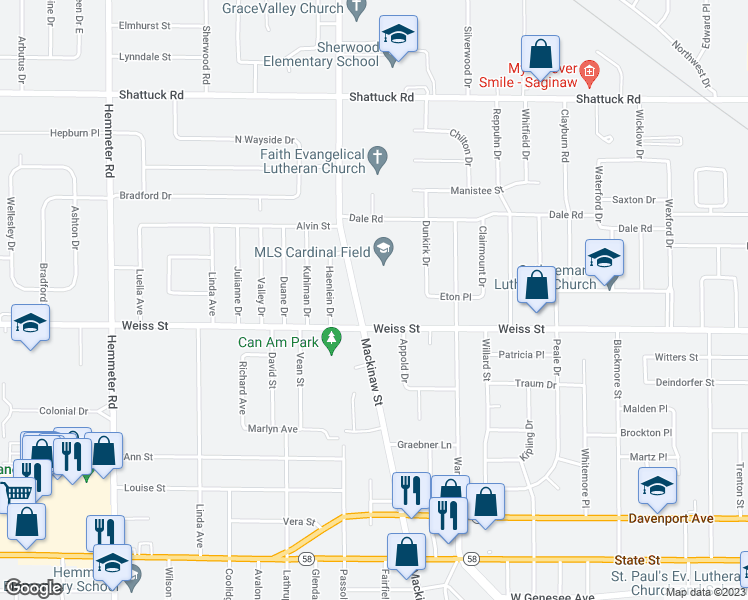 map of restaurants, bars, coffee shops, grocery stores, and more near 4322 Mackinaw Road in Saginaw