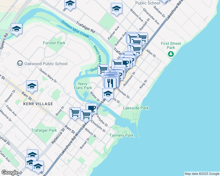 map of restaurants, bars, coffee shops, grocery stores, and more near in Oakville
