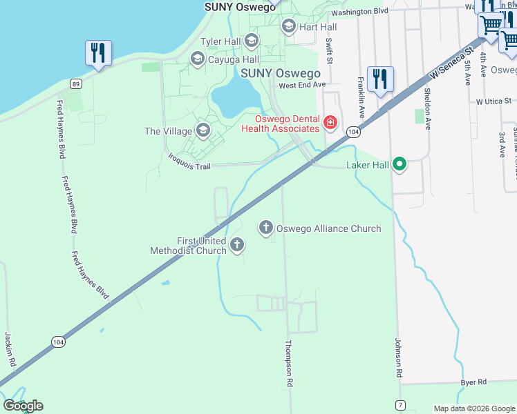 map of restaurants, bars, coffee shops, grocery stores, and more near 7097 New York 104 in Oswego