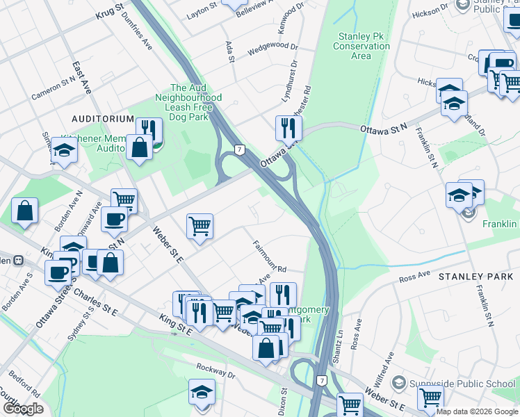 map of restaurants, bars, coffee shops, grocery stores, and more near 260 Sheldon Avenue North in Kitchener