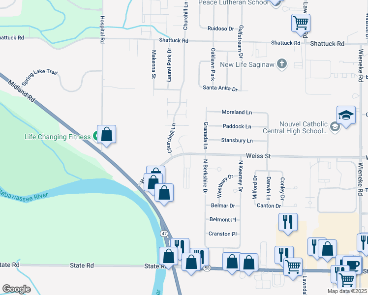 map of restaurants, bars, coffee shops, grocery stores, and more near 2510 Ivy Hill Lane in Saginaw