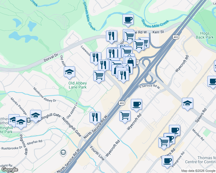 map of restaurants, bars, coffee shops, grocery stores, and more near 1050 Lindsay Drive in Oakville