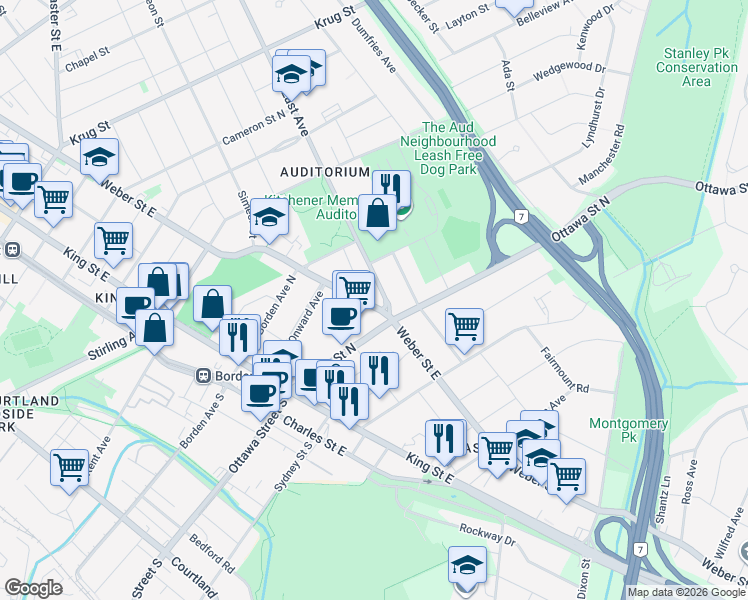 map of restaurants, bars, coffee shops, grocery stores, and more near 487 East Avenue in Kitchener