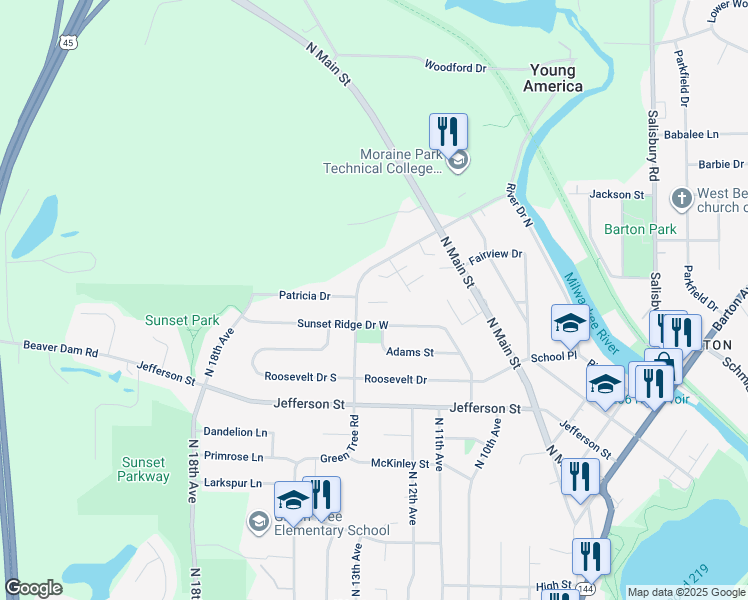 map of restaurants, bars, coffee shops, grocery stores, and more near 1917 Green Tree Road in West Bend