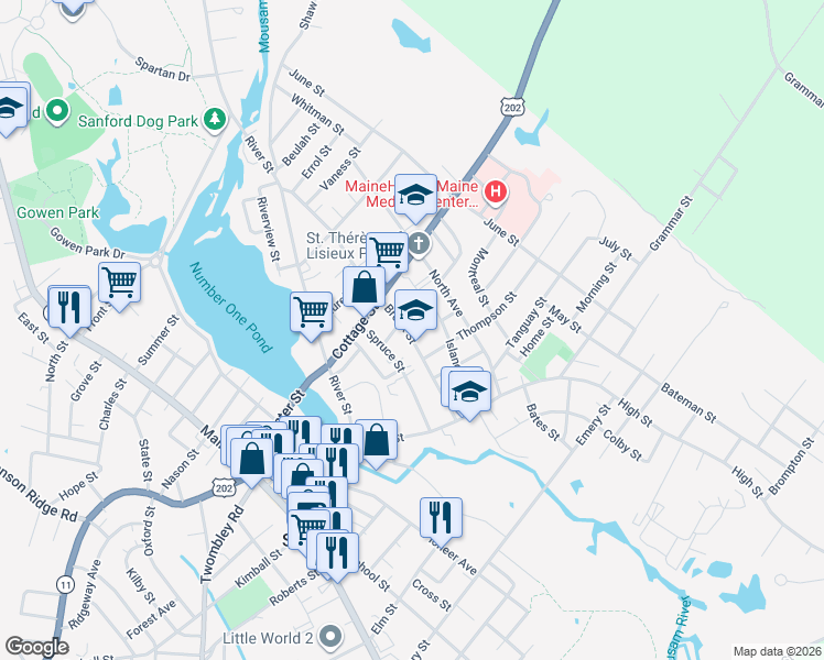 map of restaurants, bars, coffee shops, grocery stores, and more near 84 Brook Street in Sanford