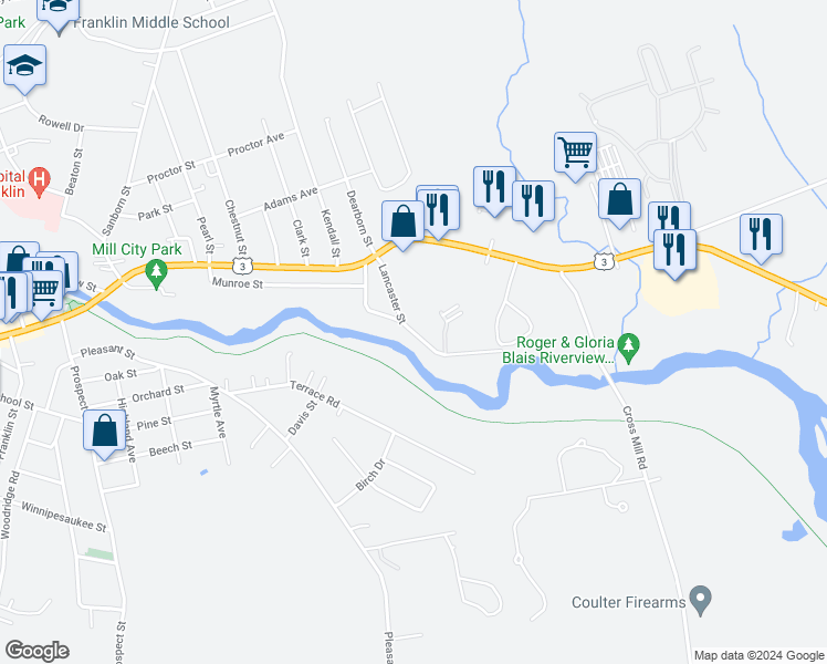 map of restaurants, bars, coffee shops, grocery stores, and more near 65 Lancaster Street in Franklin