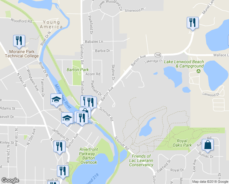 map of restaurants, bars, coffee shops, grocery stores, and more near 2053 Barton Avenue in West Bend