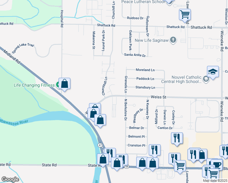 map of restaurants, bars, coffee shops, grocery stores, and more near 2510 Ivy Hill Lane in Saginaw