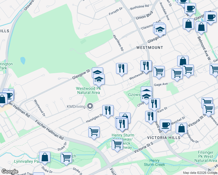 map of restaurants, bars, coffee shops, grocery stores, and more near 115 Westwood Drive in Kitchener