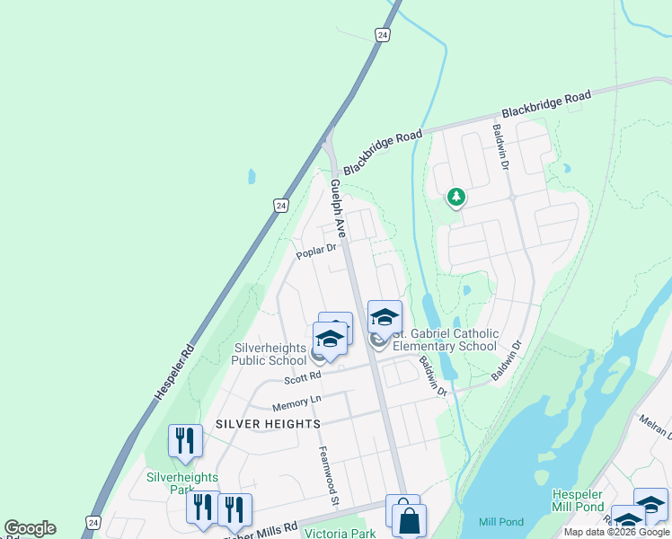 map of restaurants, bars, coffee shops, grocery stores, and more near 408 Guelph Avenue in Cambridge