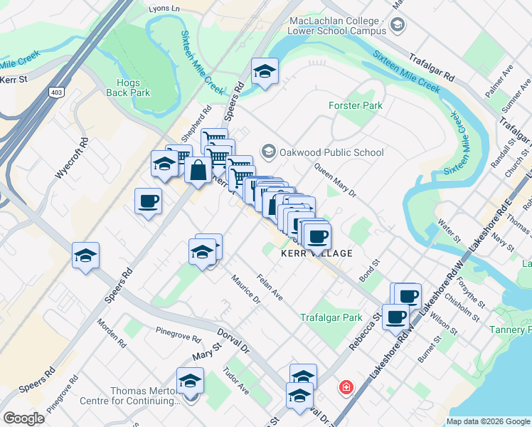 map of restaurants, bars, coffee shops, grocery stores, and more near 75 Stewart Street in Oakville