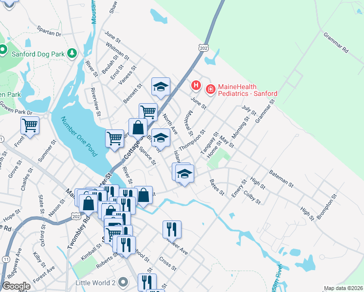 map of restaurants, bars, coffee shops, grocery stores, and more near 19 North Avenue in Sanford